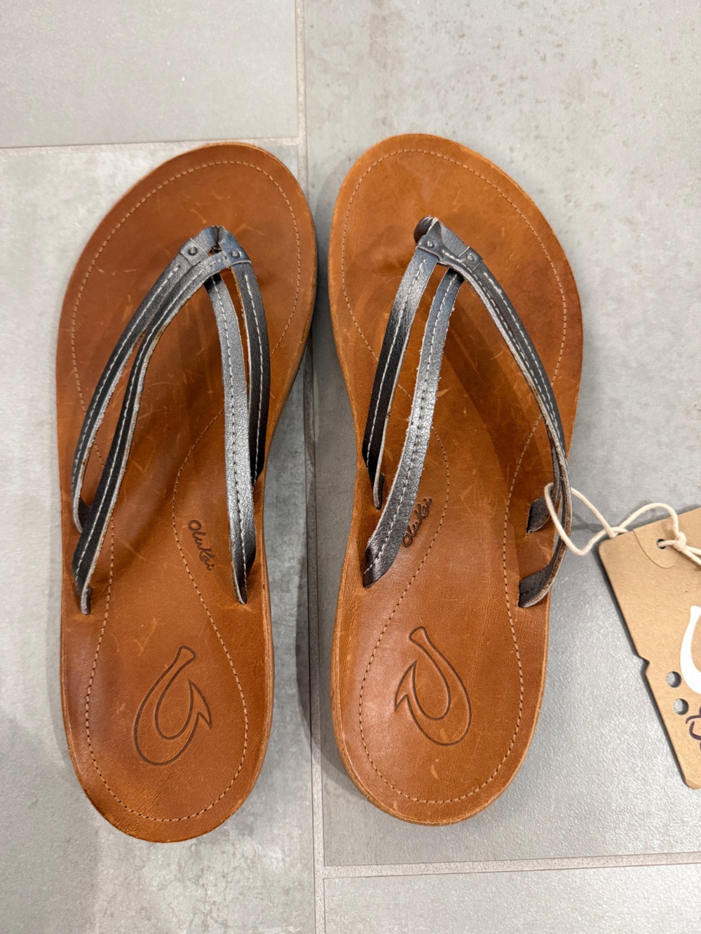 OluKai Women's Tan Leather Sandals with Metallic Silver Straps